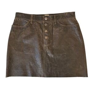 Vintage Y2K Gap Genuine Leather Mini Skirt Brown Distressed Button Fly Size 8